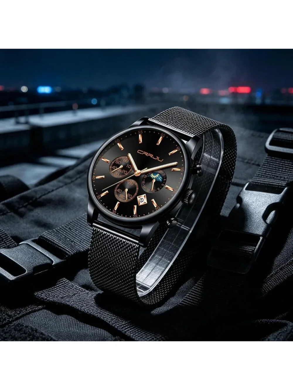 Men's Black Rose Chronograph Auto Date Steel Quartz with Mesh Strap Wrist Watch